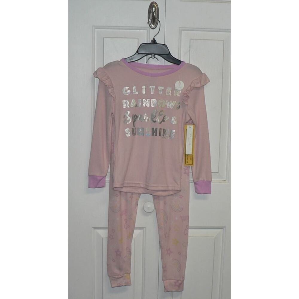 Tahari Girl 2Pc Hacci Pajama's Pink Glitter Rainbows Sparkle & Sunshine 5/6 $40